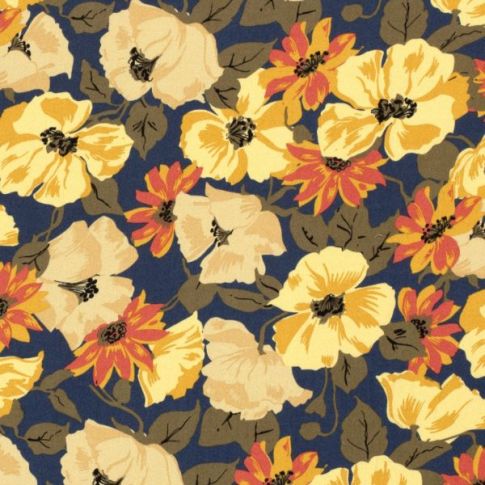 Tissu Viscose Twill Moses fleurs sur fond Bleu indigo