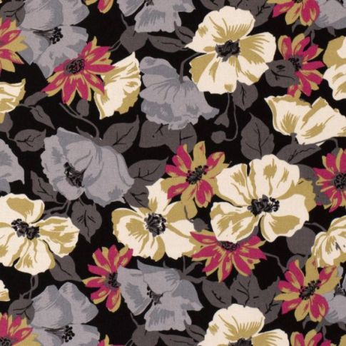 Tissu Viscose Twill Moses fleurs sur fond Noir