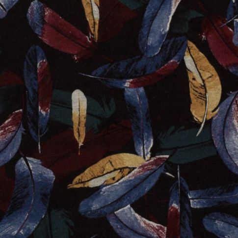 Tissu Jersey Polyviscose Feuilles automne Bleu indigo