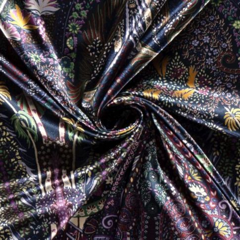 Tissu Satin imprimé Cachemire sur fond Bleu marine