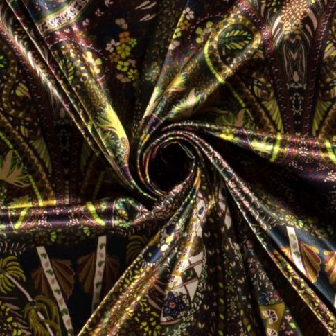 Tissu Satin imprimé Cachemire sur fond Marron
