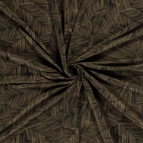 Tissu Jersey Viscose  Feuilles striées sur fond Noir