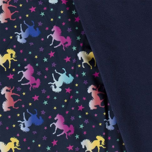 Tissu Softshell Licornes multicolores sur fond Bleu marine