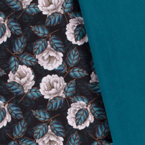 Tissu Softshell Digital Otello fleuris sur fond Bleu pétrole