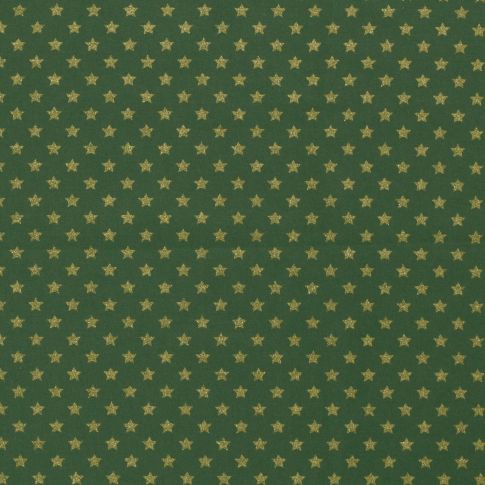 Tissu Coton imprimé Noël Etoiles dorées sur fond Vert sapin