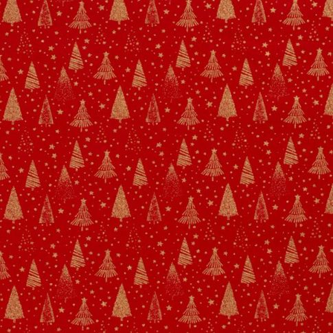 Tissu Coton imprimé Noël Sapins dorés sur fond Rouge