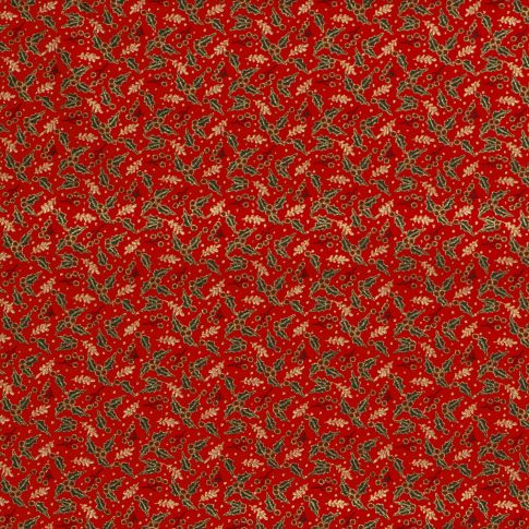Tissu Coton imprimé Branches de Noël dorées sur fond Rouge