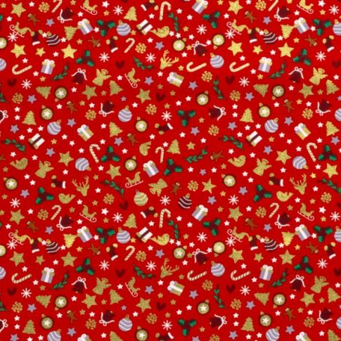 Tissu Coton imprimé Noël Ornements dorés sur fond Rouge