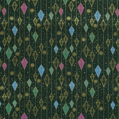 Tissu Coton imprimé Noël Ornements dorés sur fond Vert foncé