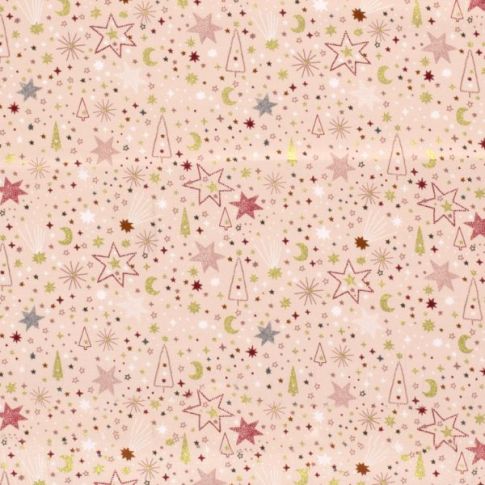 Tissu Coton imprimé Etoiles diverses dorées sur fond Rose