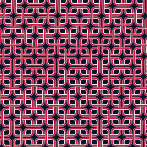 Tissu Viscose Twill motifs abstraits rouge sur fond Bleu marine