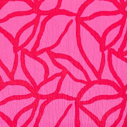 Tissu Viscose gaufré Feuillage rouge sur fond Rose fuchsia