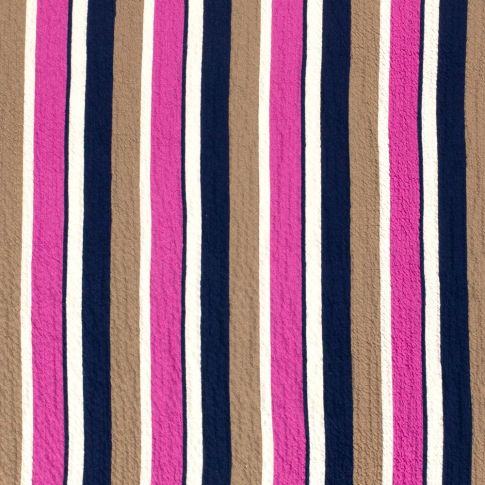 Tissu Viscose gaufré Rayé fuschia et taupe sur fond Blanc