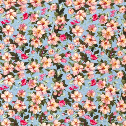 Tissu Crêpe Georgette de Viscose Fleuris sur fond Bleu ciel