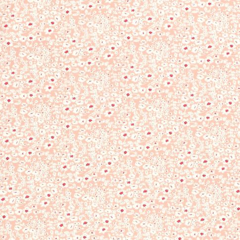 Tissu Popeline de Viscose Fleuris blanc sur fond Rose pastel