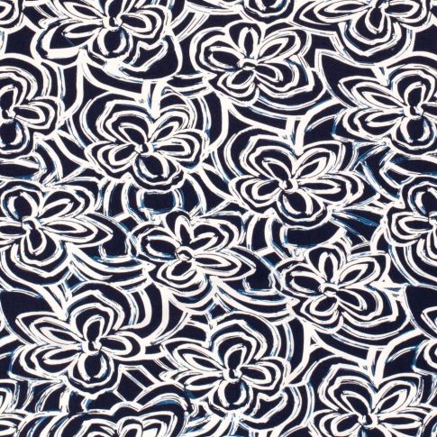 Tissu Popeline de Viscose Fleurs dessinées sur fond Bleu marine