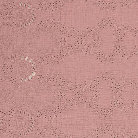 Tissu Double gaze de coton brodé ajouré Vieux rose