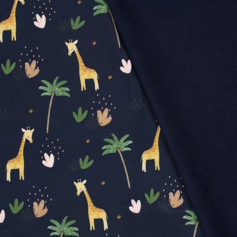 Tissu Softshell Digital Girafe et palmier sur fond Bleu marine