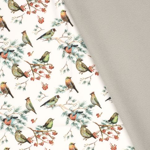 Tissu Softshell Digital Oiseaux Olgo sur fond Ecru