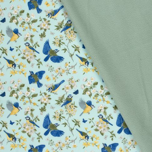 Tissu Softshell Digital La vie des oiseaux sur fond Vert menthe