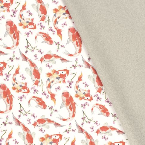 Tissu Softshell Digital Carpe koi sur fond Blanc cassé
