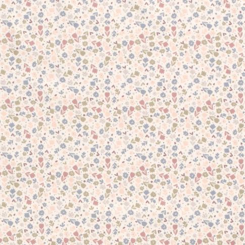 Tissu Jersey Coton Fleurs Louna rose et bleu sur fond Ecru