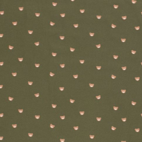 Tissu Jersey Coton Petites têtes d'ours sur fond Vert kaki