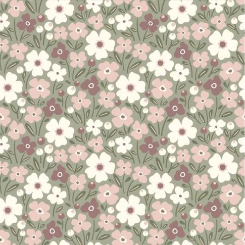 Tissu Popeline de Coton Petites fleurs sur fond Vert amande