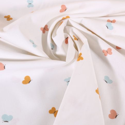 Tissu Popeline de Coton Petits papillons sur fond Blanc cassé