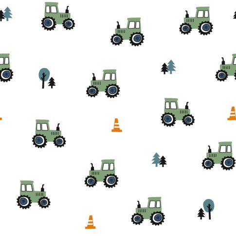 Tissu Popeline de Coton Tracteur vert sur fond Blanc