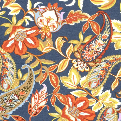 Tissu Crêpe de Viscose Cachemire fleuris sur fond Bleu denim