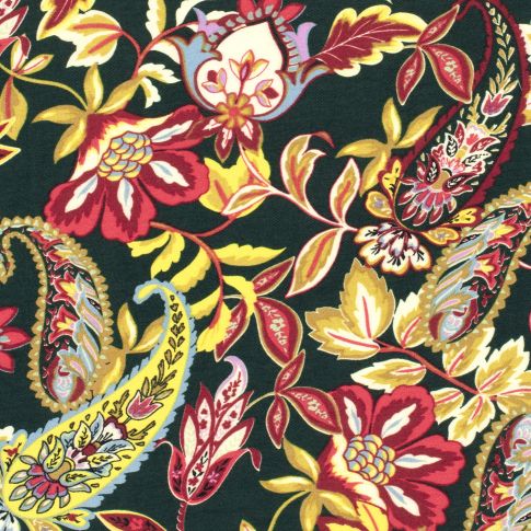 Tissu Crêpe de Viscose Cachemire fleuris sur fond Vert foncé