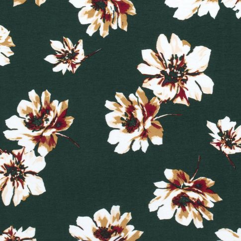 Coupon Tissu Crêpe de Viscose Fleurs blanches et beige sur fond Vert foncé - Coupon de 20 cm