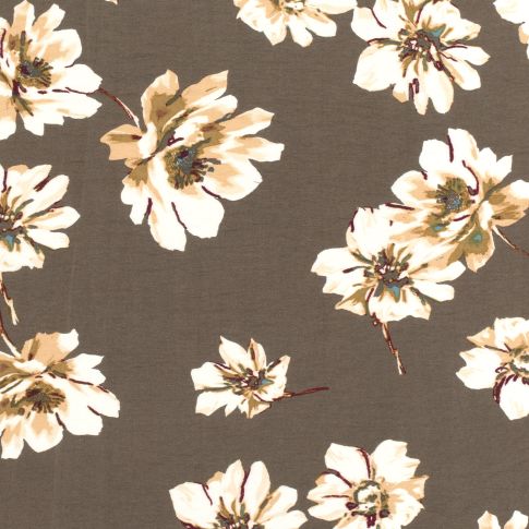 Tissu Crêpe de Viscose Fleurs blanches sur fond Taupe