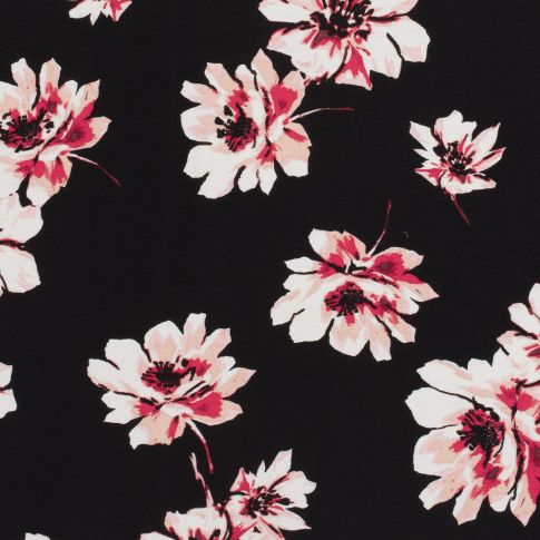 Tissu Crêpe de Viscose Fleurs blanches et roses sur fond Noir