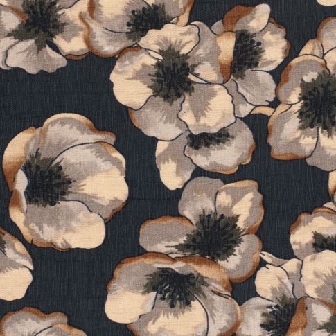 Tissu Viscose Ottoman Pensées beiges sur fond Gris anthracite profond