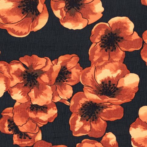 Tissu Viscose Ottoman Pensées rouges sur fond Noir
