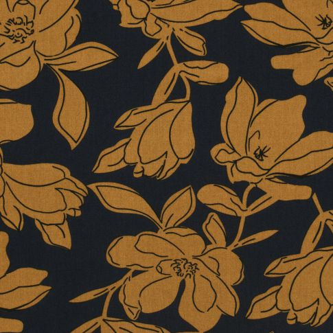 Tissu Popeline de Viscose Floral camel sur fond Bleu marine