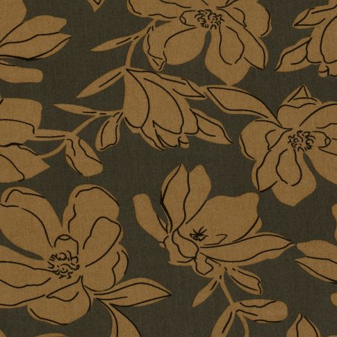Tissu Popeline de Viscose Floral sur fond Vert kaki