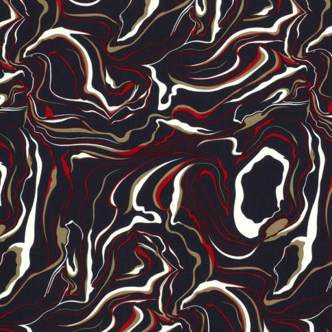 Tissu Popeline de Viscose Marble blanc et rouge sur fond Bleu marine