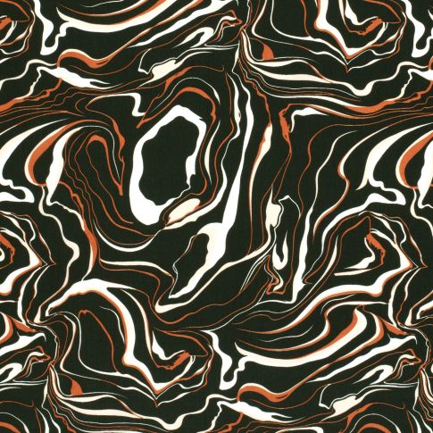 Tissu Popeline de Viscose Marble blanc et orange sur fond Vert kaki foncé