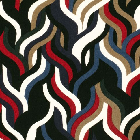 Tissu Viscose Twill motifs abstraits rouge, blanc et bleu sur fond Noir