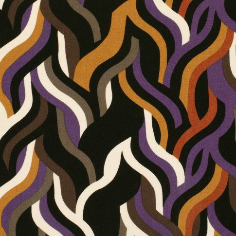 Tissu Viscose Twill motifs abstraits rouge, violet et orange sur fond Noir