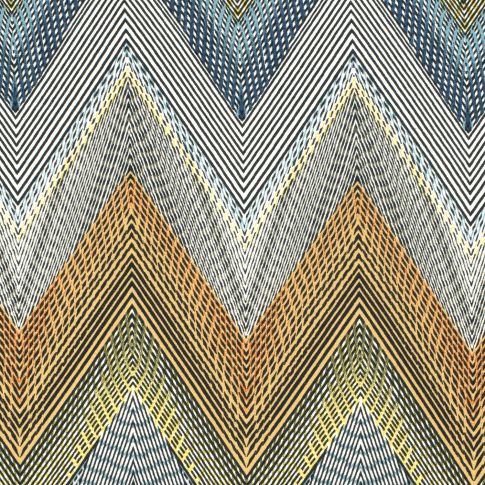 Tissu Jersey Viscose imprimé Zig zag jaune et bleu sur fond Blanc