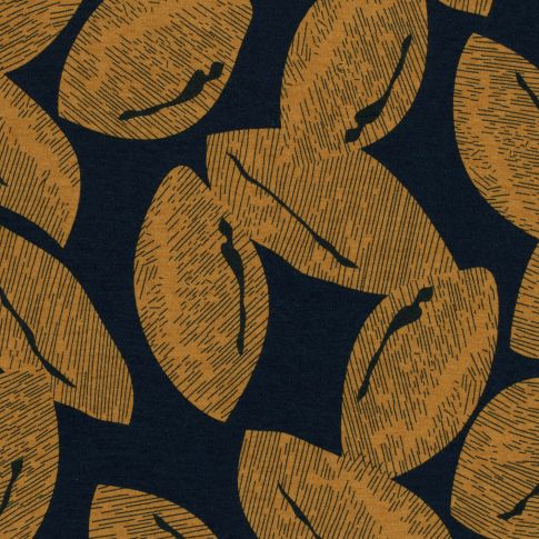 Tissu Jersey Viscose imprimé Cacao ocre sur fond Bleu marine