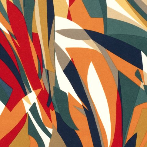 Tissu Jersey Viscose imprimé motifs abstraits orange et vert sur fond Blanc