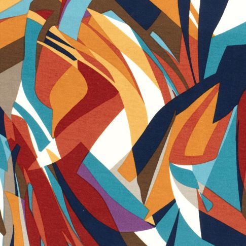 Tissu Jersey Viscose imprimé motifs abstraits orange et bleu sur fond Blanc