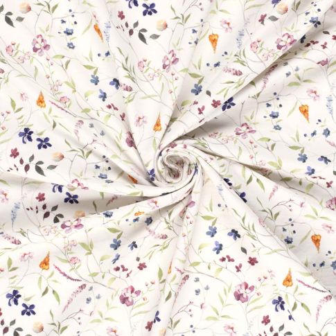 Tissu Sweat léger French Terry digital Fleuris sur fond Ecru