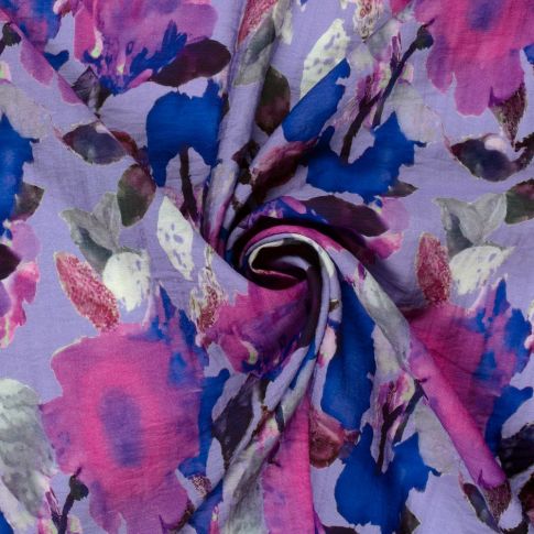 Tissu Polyviscose texturé Fleuris sur fond Parme