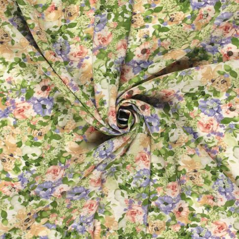 Tissu Polyester aspect Lin Fleuris Cécilya sur fond Vert pâle